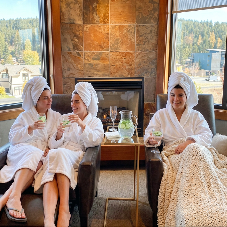 Three women in robes sitting in a room with large windows and a fireplace.