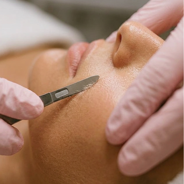 Person receiving a dermaplane facial treatment.
