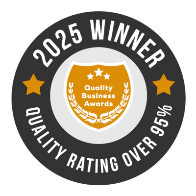 2025 Winner badge for Quality Business Awards with a shield icon and text on a white background