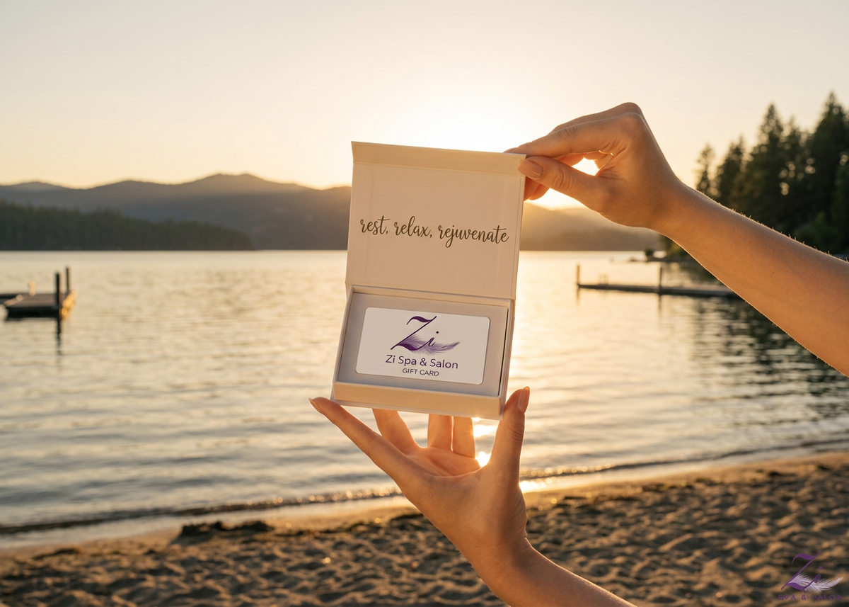 Person holding a spa gift card with a scenic cda lake background